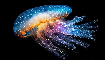 A stunning illuminated jellyfish floating gracefully in deep ocean waters, glowing with vibrant colors in the darkness