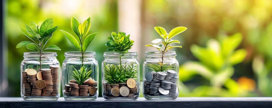The image showcases four jars with plants and coins, symbolizing growth, investment, and the connection between nature and finance.