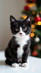 kitten sitting on white table with a background of a Christmas tree concept of holiday celebrations, festive pets