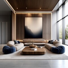Contemporary Living Room with Wooden Coffee Table and Velvet Sofas