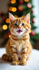 kitten sitting on white table with a background of a Christmas tree concept of holiday celebrations, festive pets
