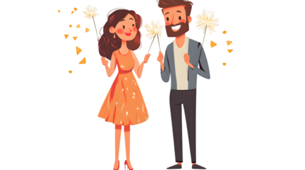 A romantic couple holding sparklers, isolated on white 