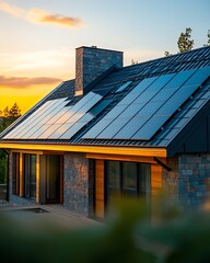 Obraz premium A closeup of a house roof with solar panels, efficiently positioned to maximize sunlight absorption, with a clear sky in the background
