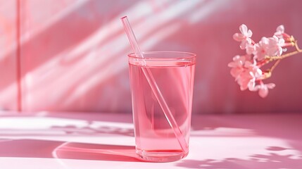Refreshing Pink Drink in Clear Glass with Straw and Blossoms