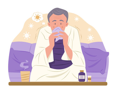 recommend clip art: Sick Old Man Blowing Nose into Handkerchief for Fever Concept Illustration