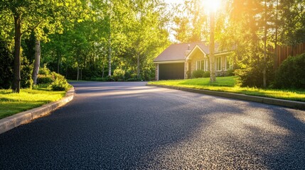 Sunlit Suburban Street Scene With House And Trees