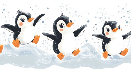 Fototapeta premium A seamless pattern of three cute cartoon penguins waddling on ice with a white background.