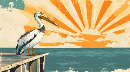 Fototapeta premium Pelican on Wooden Dock at Sunrise Over Ocean