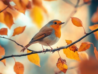  A little Bird on a autumn forest tree. 