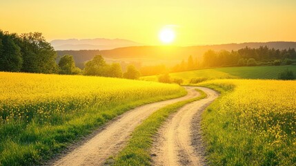 Obraz premium Summer rural landscape in Italy with golden fields, a winding dirt road, and a colorful sunset over distant peaks.