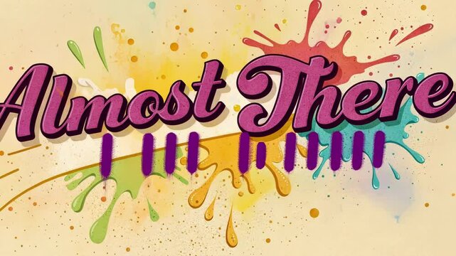 A bubbly pastel yellow ad appears teasingly stating Almost There in a funky magenta font that jiggles around. Splashes of animated paint in various contrasting colors splatter