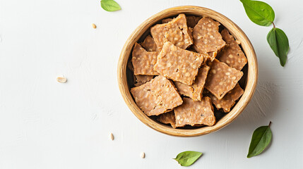 Surowy tempeh w misce, podany na białym tle, z dużą przestrzenią na napisy lub projekt graficzny.
