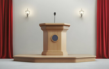 A wooden podium with a microphone, flanked by wall sconces and red curtains.