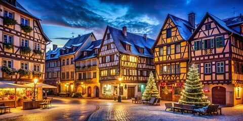 Silhouette of Illuminated Half-Timbered Houses, Colmar Christmas Market, Alsace, France