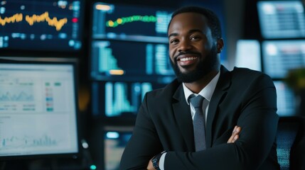 Black male stock trader, currency exchange, crypto currency, investor, copy space, smiling