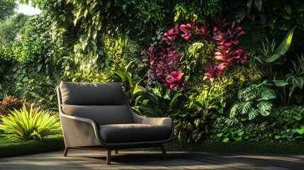 Obraz premium Wygodny fotel ustawiony w bujnym, zielonym ogrodzie, z pionową ścianą roślin w tle, tworzący relaksującą atmosferę.