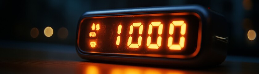A digital clock displaying the time 10:00 in bright orange numerals against a dark background.