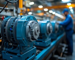 Fototapeta premium A factory setting featuring electric motors on an assembly line with a technician working in the background.