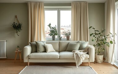 Fototapeta premium Modern living room interior with beige sofa, plants, and large window. (1)