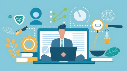 Professional Man Working on Laptop with Technology and Nature Elements