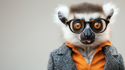 Uroczy lemur w profesjonalnym garniturze, z zaokrąglonymi okularami, patrzący z wyraźnym zdziwieniem, jakby coś go zaskoczyło.