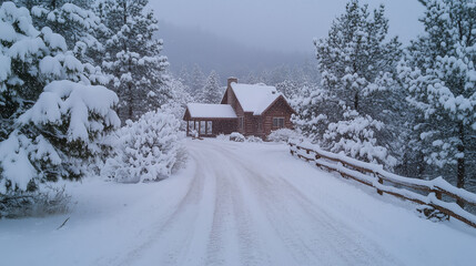 Ośnieżony podjazd prowadzący do wiejskiego domu w otoczeniu zimowego krajobrazu, tworzący malowniczy widok.