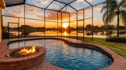 Luxury pool area with fire pit, jacuzzi, and screened enclosure overlooking a serene lake at sunset, creating a relaxing and inviting atmosphere...