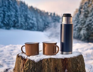 Generated image A snowy outdoor scene with a thermos of hot chocolate and mugs placed on a tree stump