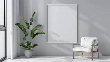 Modern Minimalist Interior with White Chair and Blank Canvas Frame