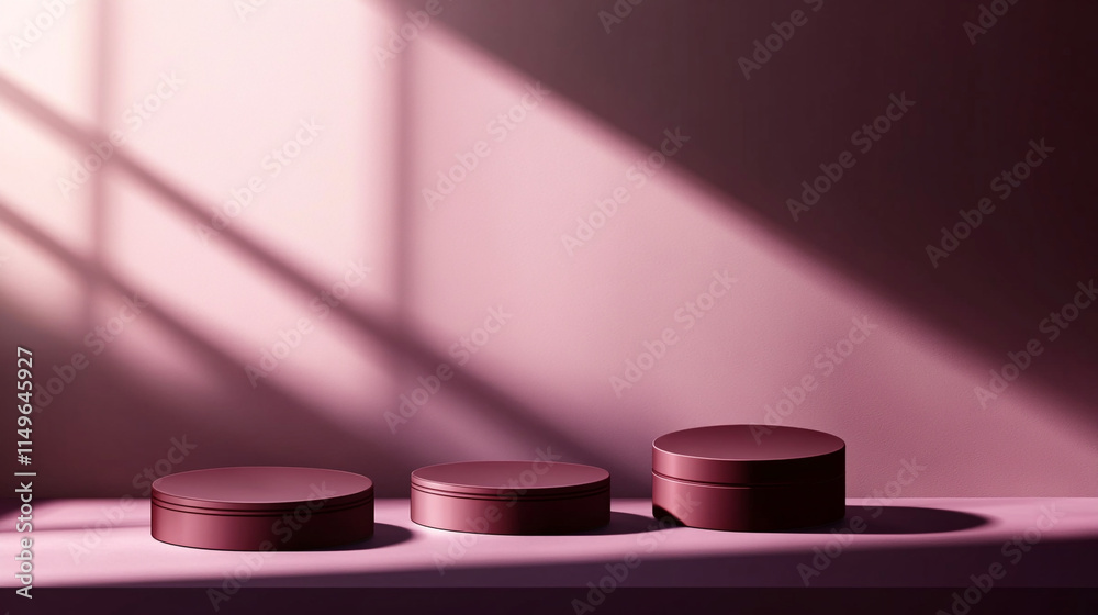 Poster light and shadow play on three round containers in a serene setting.
