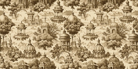 Naklejka premium Intricate vintage patterned wallpaper featuring elegant architectural elements.