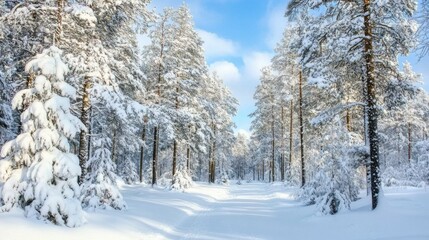 Serene wintry forest landscape with snow-covered trees on a clear winter day in northern finland, showcasing the pristine beauty