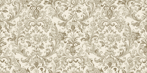 Elegant floral damask pattern in soft beige and cream tones.