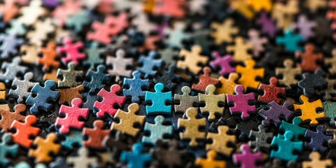 Obraz premium Colorful puzzle pieces scattered in close-up view