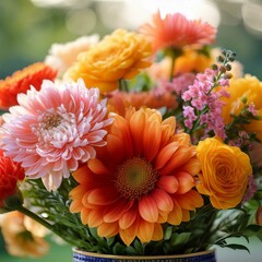 Generated image A vibrant and colorful close-up of fresh flowers arranged in a stylish vase, with soft-focus