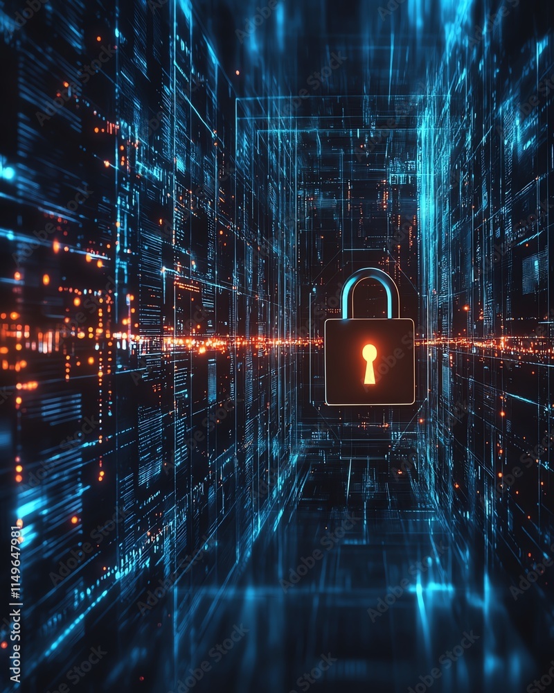 Leinwandbilder a cyber defense concept background, featuring a digital padlock, secure data transmission, and abstr