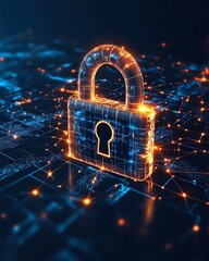 A cyber defense concept background, featuring a digital padlock, secure data transmission, and abstract technology patterns, focused on IT security