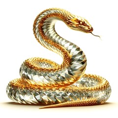 Obraz premium A snake with gold and gem scales is raising its head and coiling on a white background. snake ai | ai 2024