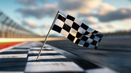 Checkered flag waving at the finish line of a racetrack on a sunny day. 