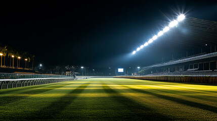 Nighttime horse racing track illuminated by bright stadium lights. 