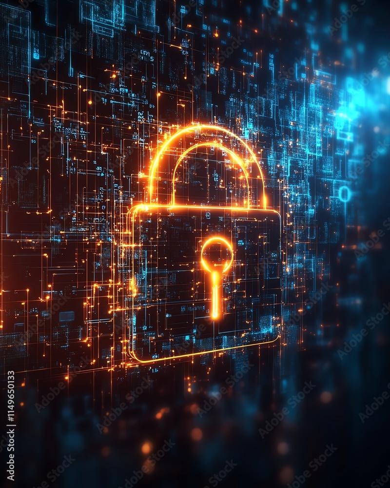 Fototapete a hightech it security background with a glowing padlock, encrypted data, and abstract technological