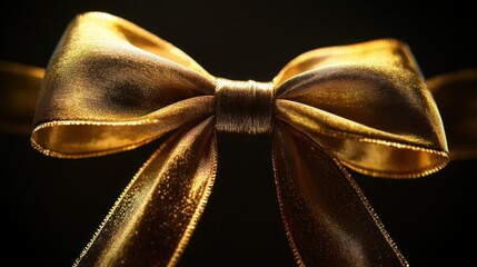 Elegant Gold Ribbon Bow on Black Background for Gift Decoration