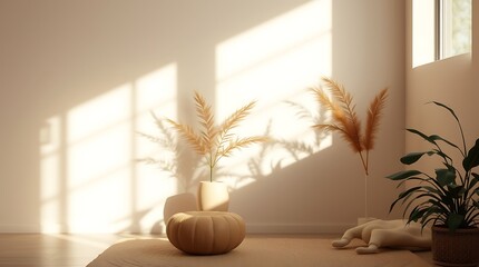 Sunlit Serenity: A minimalist living room bathed in warm sunlight, featuring a plush pouf and a vase of dried pampas grass, creating a serene and inviting atmosphere.  