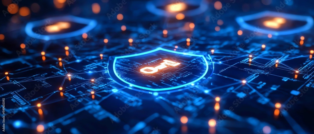 Poster A sleek IT security design with digital shield icons, interconnected networks, and encrypted data, symbolizing the protection of sensitive information