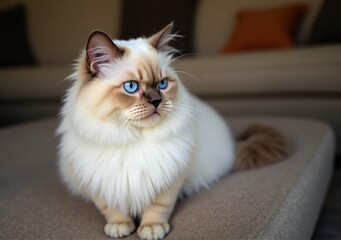Fototapeta premium A close-up of a Persian cat with silky white fur and piercing blue eyes, sitting regally on a velvet cushion. The lighting softly highlights the fine texture of the fur, with a blurred background of a