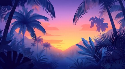 Obraz premium Vibrant sunset over lush tropical landscape.