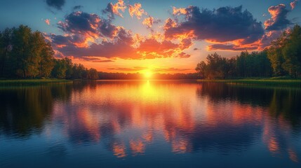 Obraz premium Sunset reflecting on calm lake, trees.