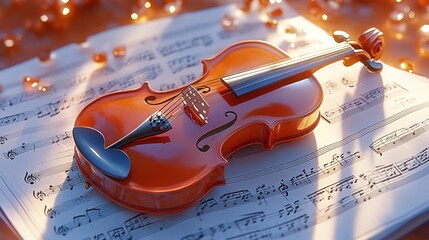 Fototapeta premium Violin on sheet music with warm light.
