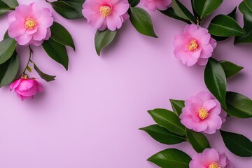 Elegant Pink Camellia Flowers Arrangement on Lavender Background: A Springtime Floral Design
