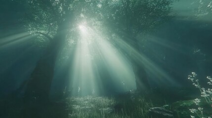 Sunlight Streaming Through Trees in Enchanted Forest Scene